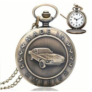 Pocket Chain Watch Mustang Car Flip Open Bronze Tone Quartz Second Hand